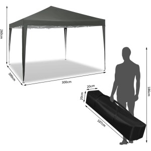 Grauer WOLTU Pop-Up Pavillon 3x3m mit Maßen, daneben Tragetasche und Person zur Größenansicht. Wasserdichter Sonnenschutz.