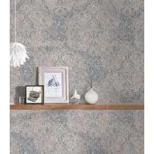 Vliestapete Barock Vintage in Beige und Blau mit floralem Muster.
