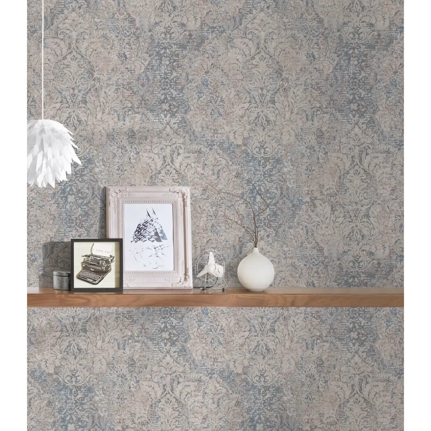 Vliestapete Barock Vintage in Beige und Blau mit floralem Muster.