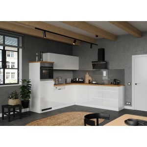 Moderne Held Winkelküche Gera, 240 cm, Weiß/Wotan Dekor, ohne E-Geräte.