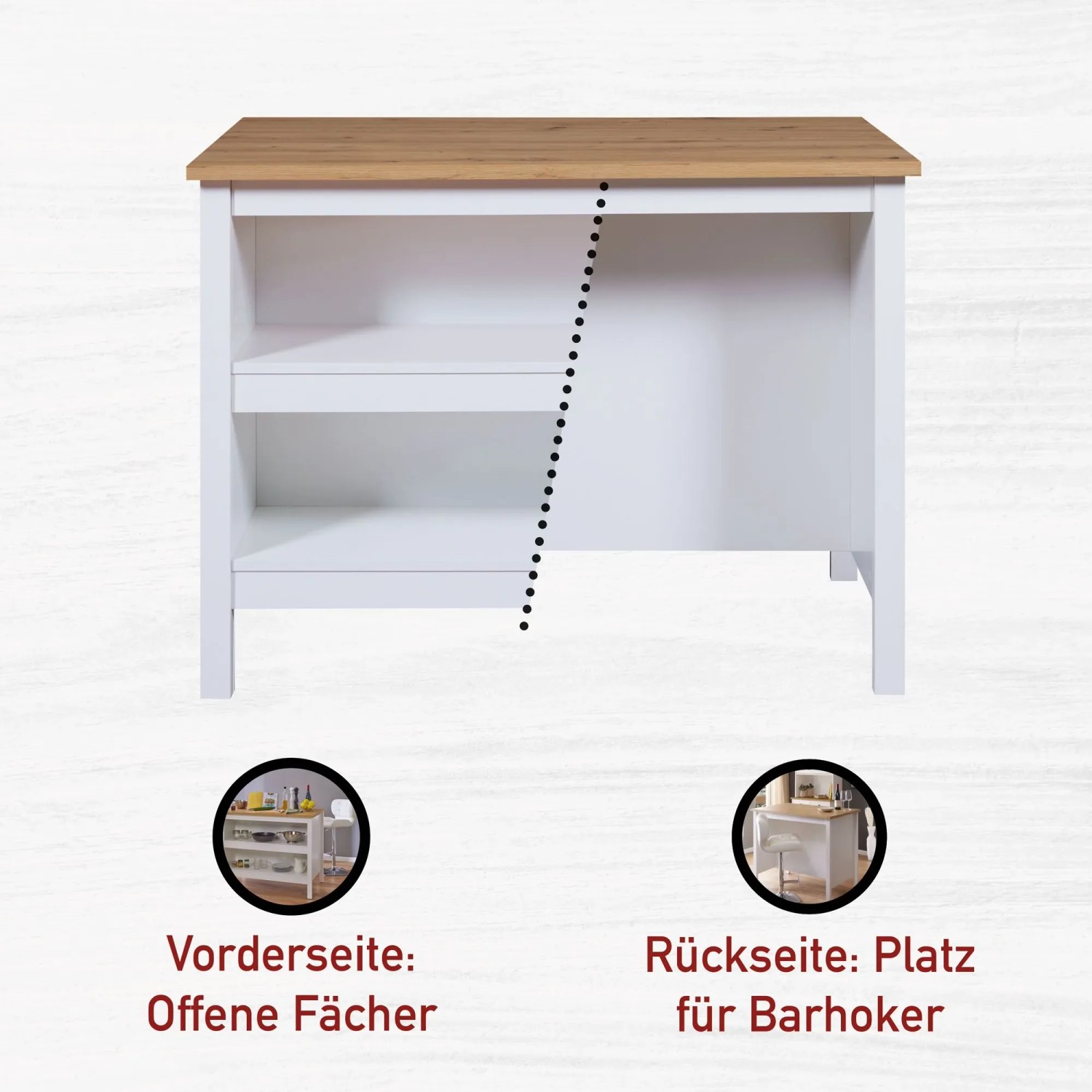 Kücheninsel Julina in Weiß mit Holzplatte, mit Regalfächern und Platz für Barhocker.