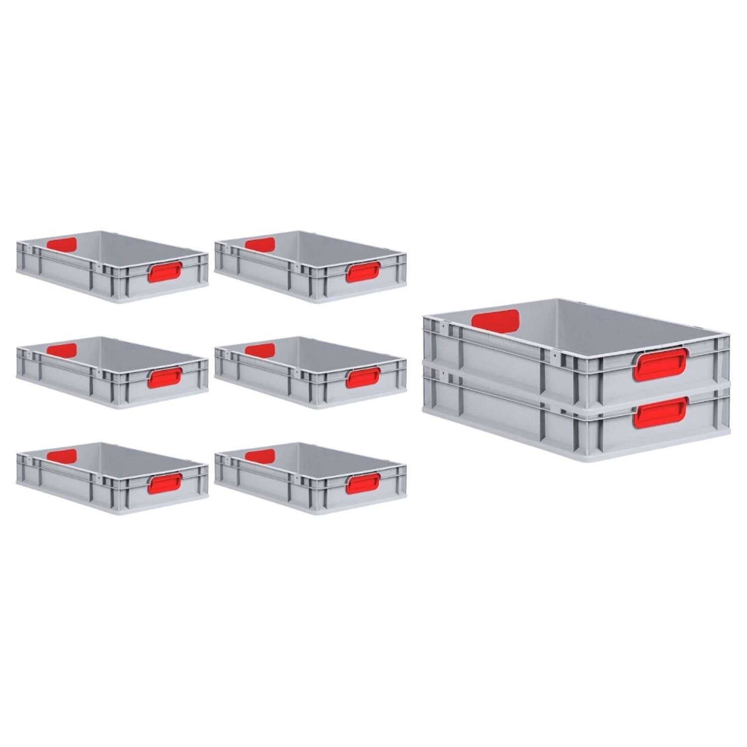 PROREGAL Spar Set: 8 graue Euroboxen mit roten Griffen, 23 Liter, für Lagerung und Transport.