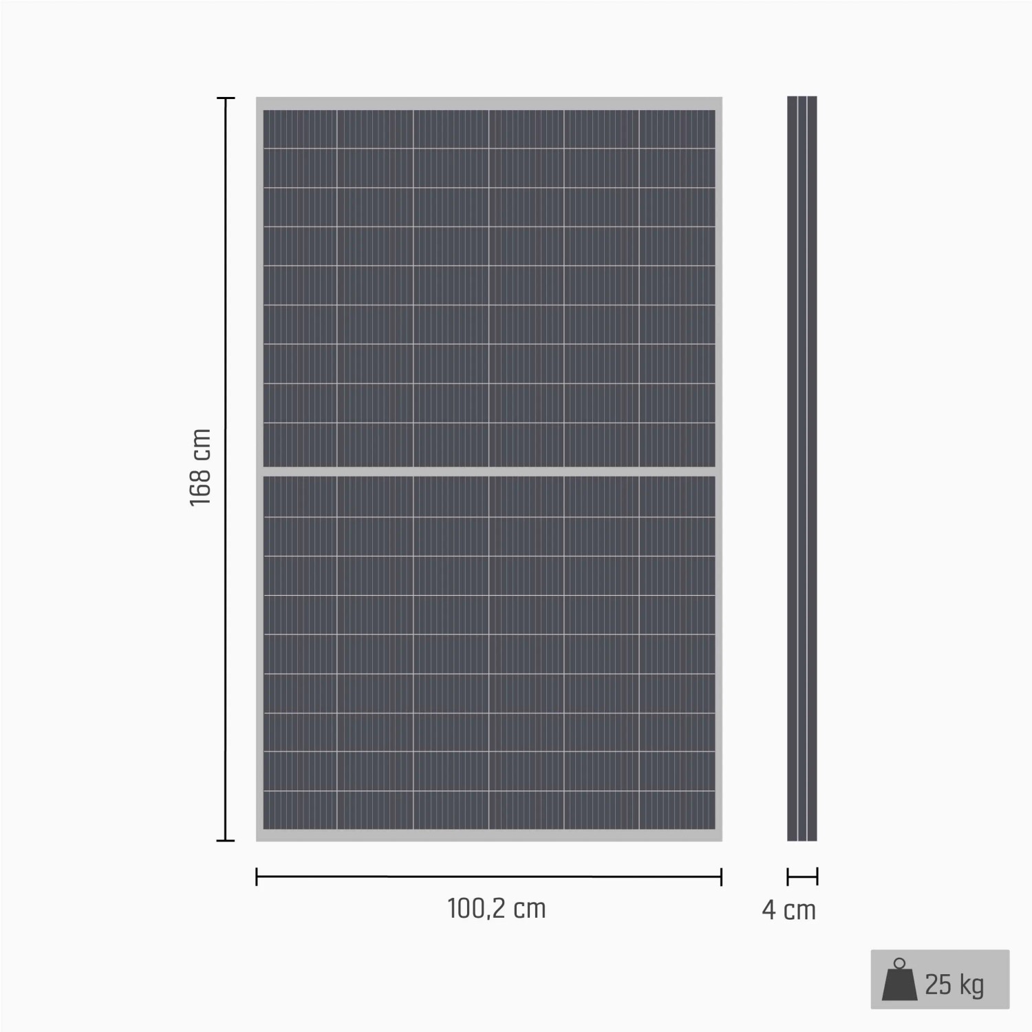 Green Solar Solarkraftwerk 300W: Ansicht von vorn und der Seite mit Maßangaben.
