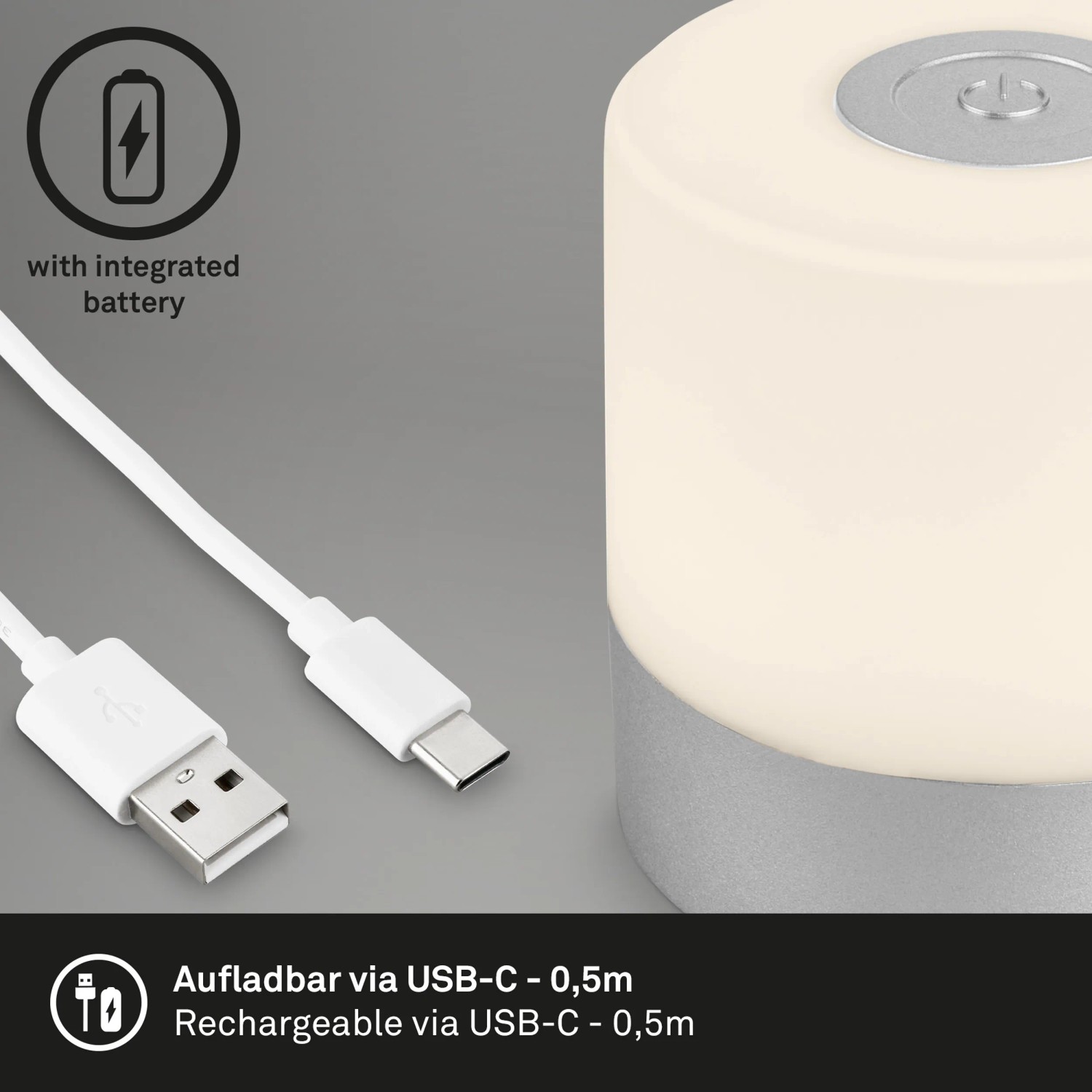 Brilo Akku-Tischleuchte Smal, chrom-matt, mit USB-Kabel. Mobile Dekoleuchte für Innen & Außen.