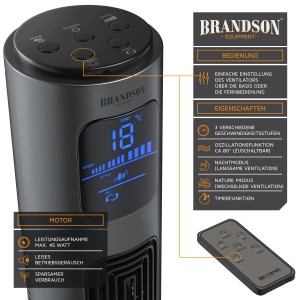 Brandson Turmventilator (96cm) mit Fernbedienung, grauer Ventilator mit Display und Bedienelementen.