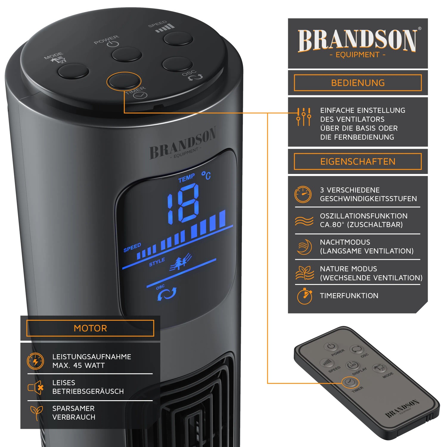 Brandson Turmventilator (96cm) mit Fernbedienung, grauer Ventilator mit Display und Bedienelementen.