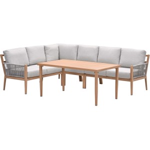 Garden Impressions Lounge-Dining Set Sardinia, 5-tlg, L-Form, helle Teakholzoptik, graue Kissen, Seildetails, mit Tisch.