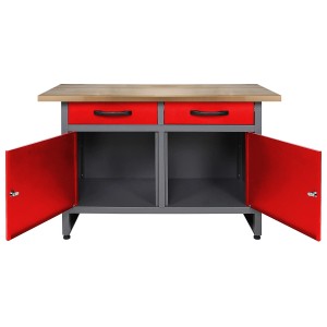 Rote Ondis24 Werkbank mit Schubladen, Schränken und Buchenholzplatte für die Werkstatteinrichtung.