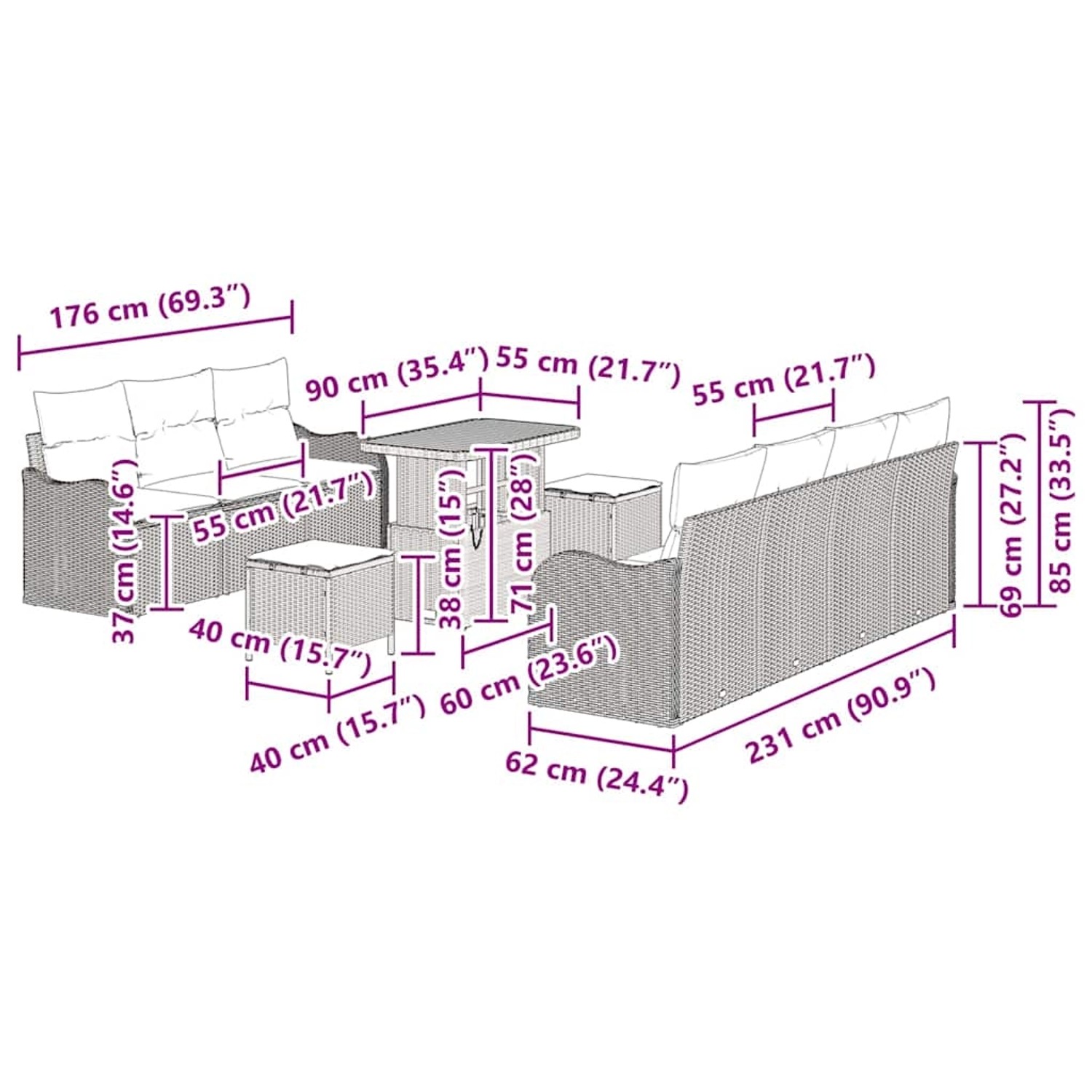 vidaXL Garten-Sofa-Set, 10-teilig, beige Poly Rattan & Akazie. Gartenmöbel für 6 Personen.