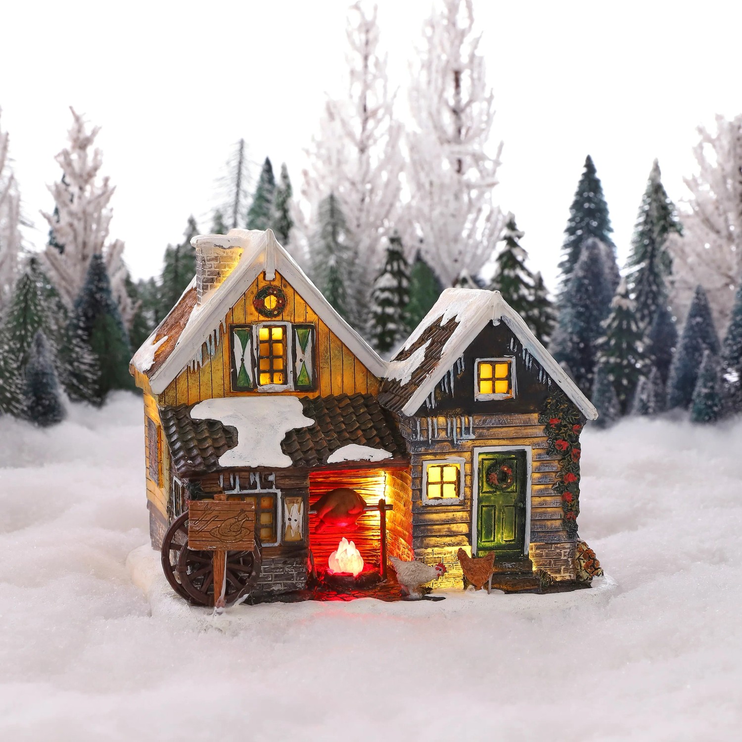 Beleuchtete Hühnerfarm als Weihnachtsdeko mit Lagerfeuer und Hühnern, 19,5x14,5x15,5cm.