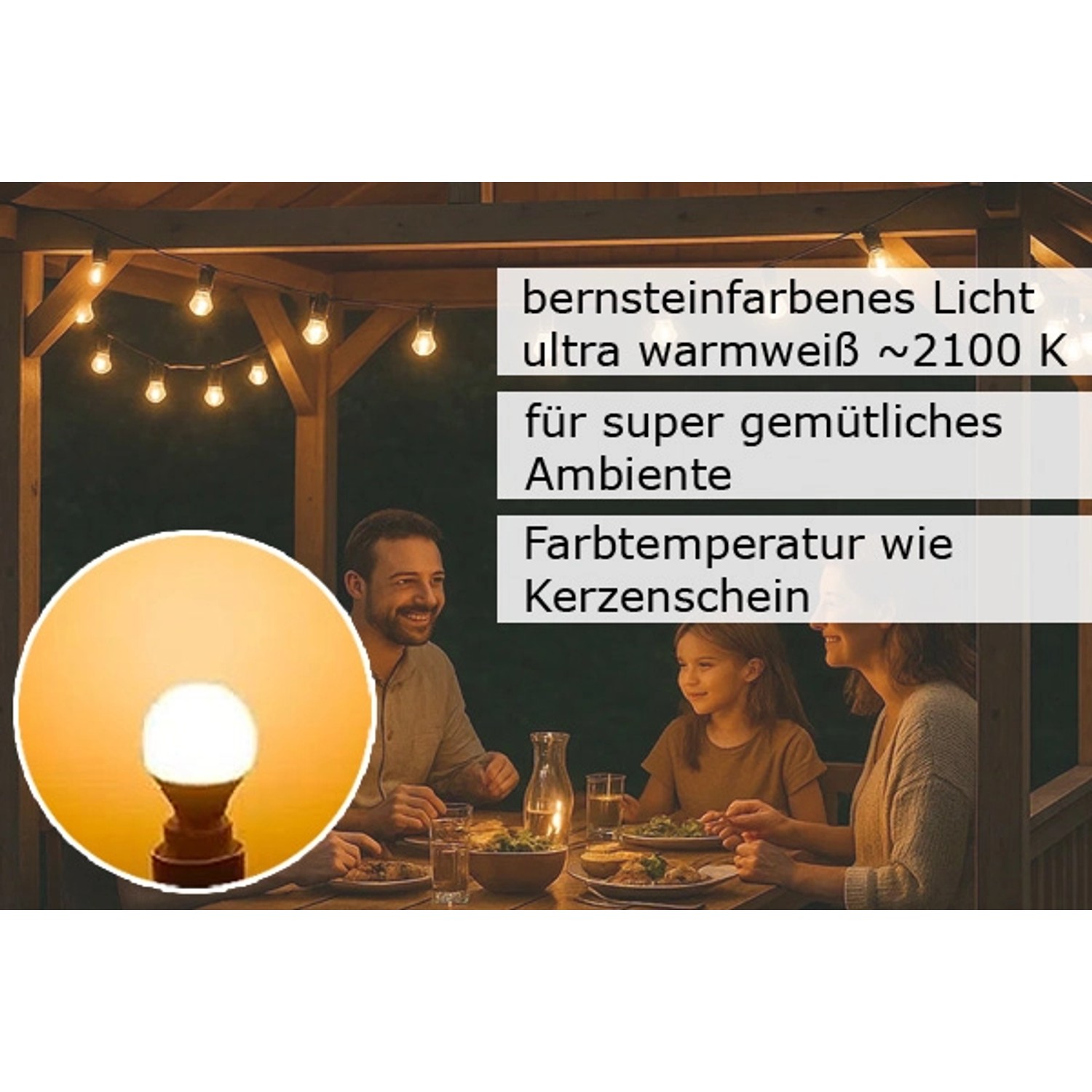 Satisfire Partylichterkette mit warmweißen LED-Kugeln für Garten und Außenbereich.