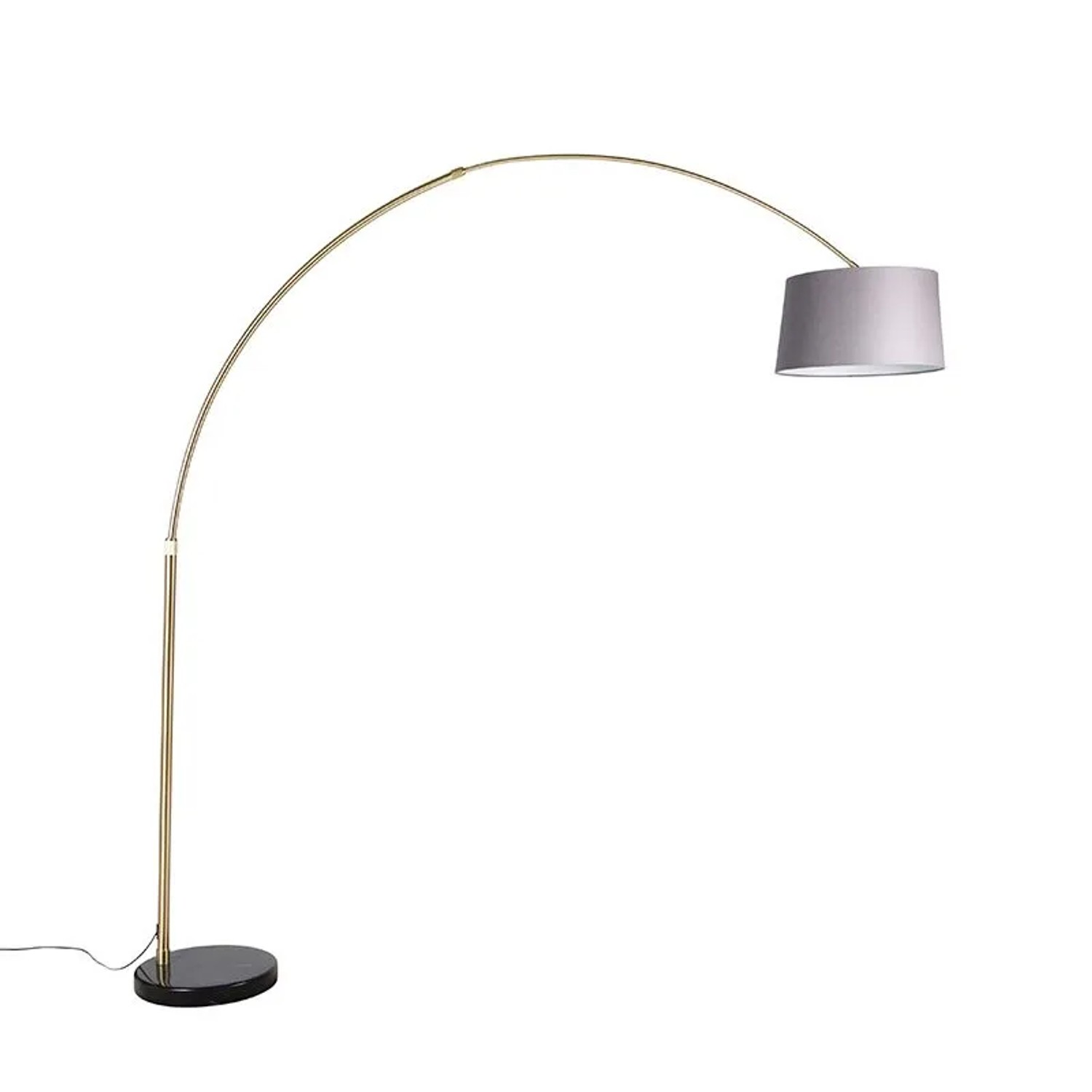 QAZQA Bogenlampe XXL: Messingfarbenes Gestell, grauer Stoffschirm, schwarzer Marmorfuß.