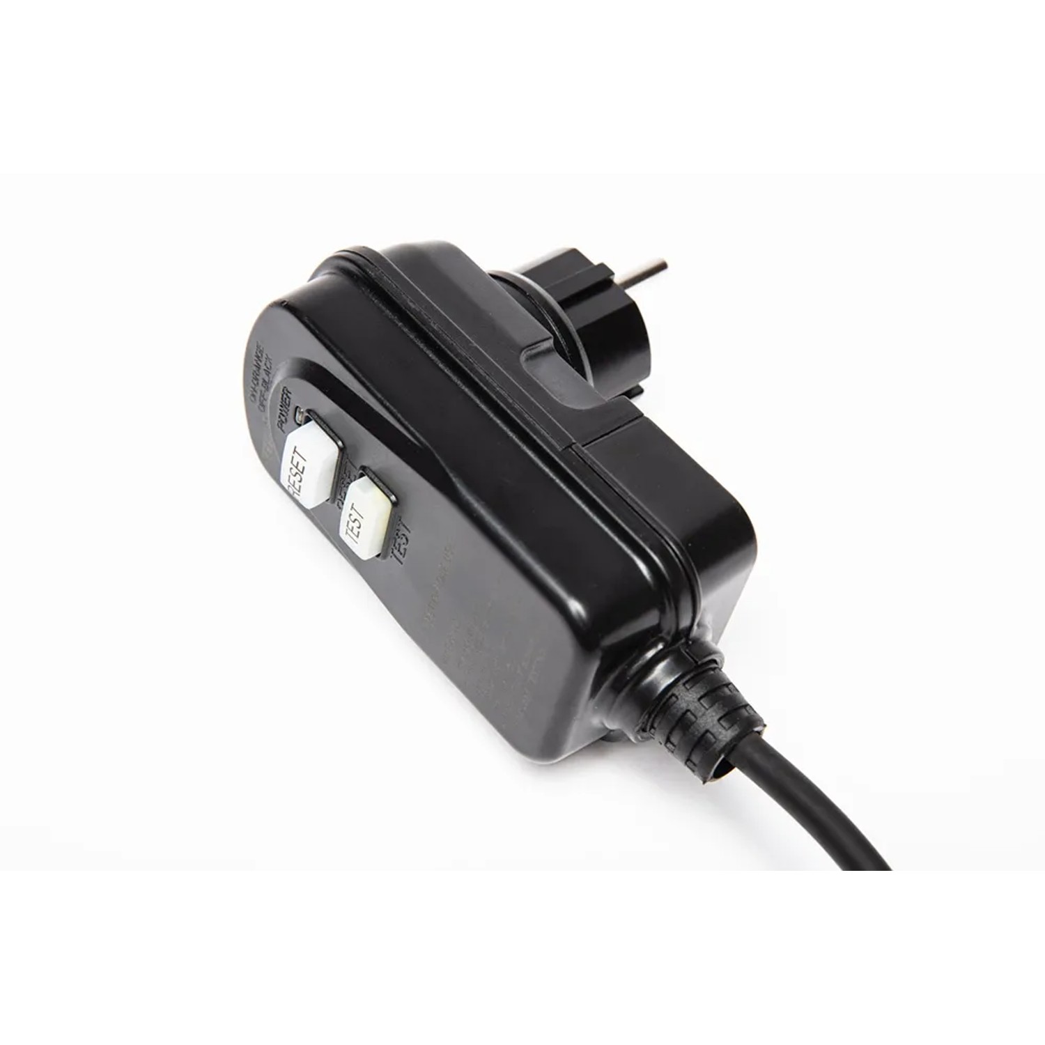 Schwarzer Stecker der Wärmepumpe Mini für Pools mit Reset- und Testknopf.