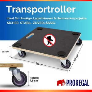 PROREGAL HERCULES Transportroller 50x50cm, schwarz, mit Siebdruckplatte, 4 Gummirollen, Griff. Für Möbel, Umzug.