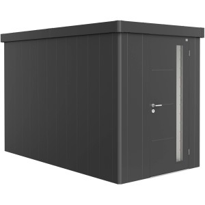 Biohort Gerätehaus Neo 4A in Dunkelgrau-Metallic mit Tür und Fenster.