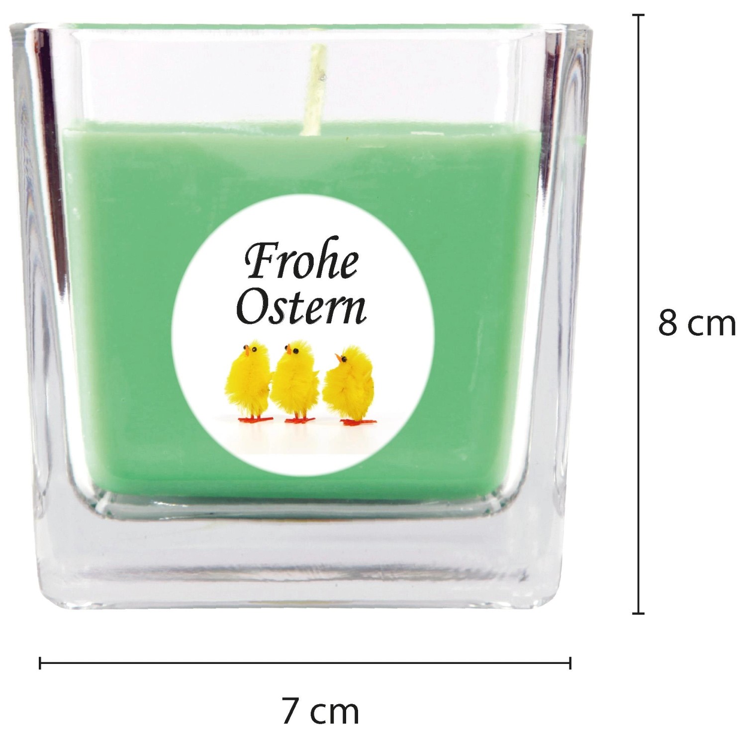 Viereckige Duftkerze „Frohe Ostern“ mit Küken-Motiv im Glas, Duft Coconut Limes, 8x7,5cm.