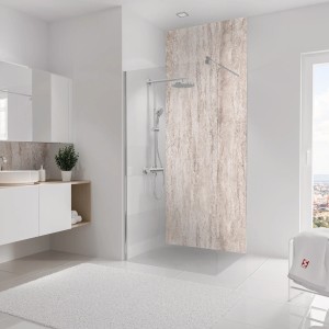 Schulte Duschrückwand DecoDesign Travertin-Beige, 255x100 cm im Badezimmer.