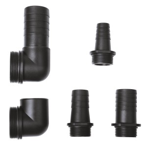 Set aus schwarzen Universalanschlüssen für Schmutzwasserpumpen, verschiedene Größen und Formen.
