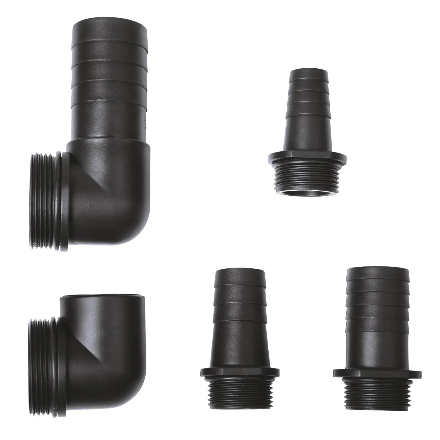 Set aus schwarzen Universalanschlüssen für Schmutzwasserpumpen, verschiedene Größen und Formen.