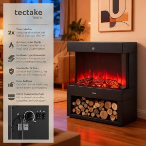 Schwarzer Tectake Elektrokamin Leora mit Holzlagerfach und Flammeneffekt