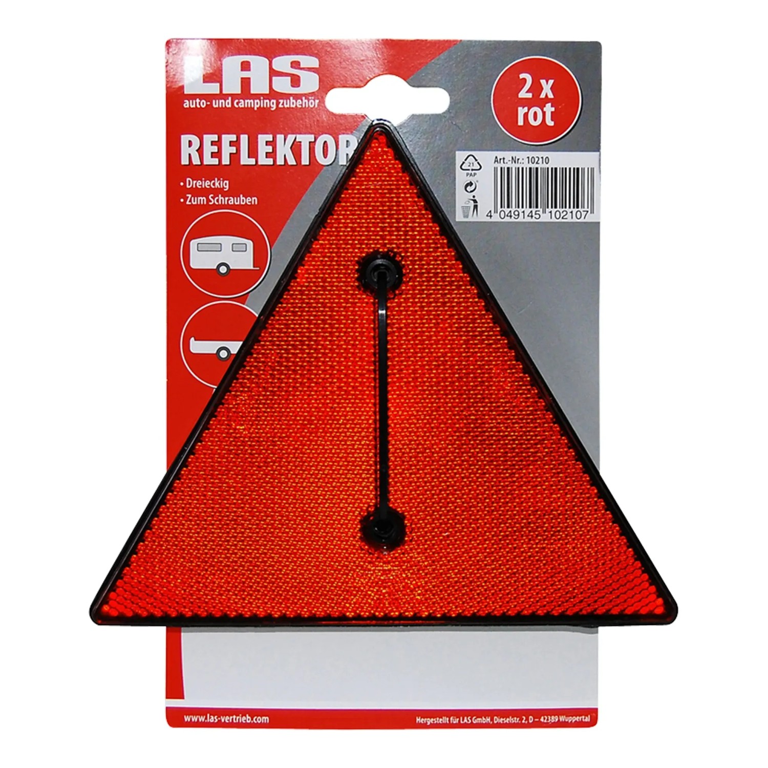 Roter Dreieck-Reflektor von Las, 2 Stück, für PKW-Anhänger. Zubehör für Autoanhänger.