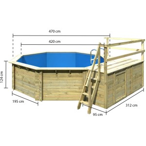 Karibu Holzpool Modell 2 C KDI mit Leiter und Pooldeck, Maße eingezeichnet.