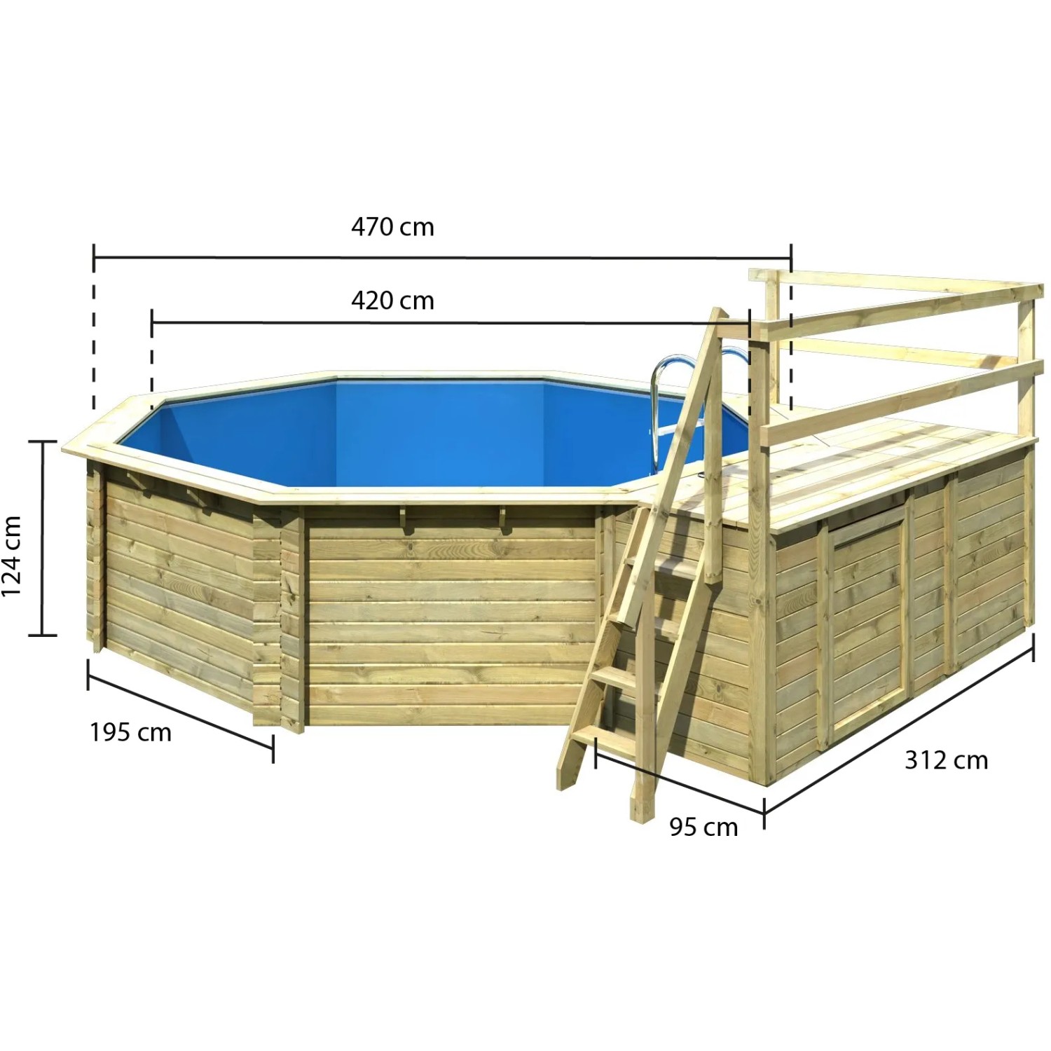 Karibu Holzpool Modell 2 C KDI mit Leiter und Pooldeck, Maße eingezeichnet.