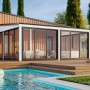 Modernes, weiß lackiertes Palmako Holz-Gartenhaus mit Pultdach (582x420cm) neben Pool.