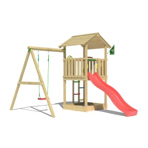 Jungle Gym Spielturm Beacon mit Schaukel und roter Rutsche aus Holz.