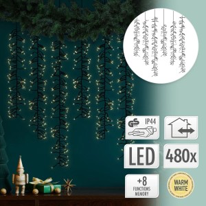 LED Lichtervorhang mit 480 warmweißen LEDs, 8 Modi und Timer für stimmungsvolle Weihnachtsbeleuchtung.