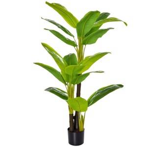 Realistische grüne Kunstpflanze Bananenbaum, 150 cm hoch, im schwarzen Kunststofftopf. Ideal für drinnen & draußen.