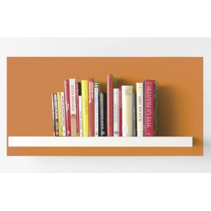 Regal mit Farbanstrich in Orange und diversen Kochbüchern.