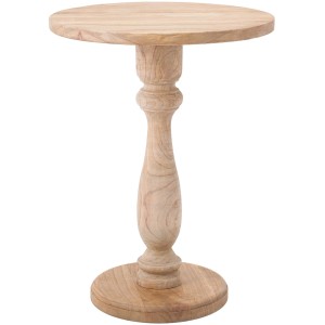 Runder Beistelltisch Adamsville aus hellem Naturholz mit gedrechseltem Gestell. Ideal für Wohnzimmer im Landhausstil.