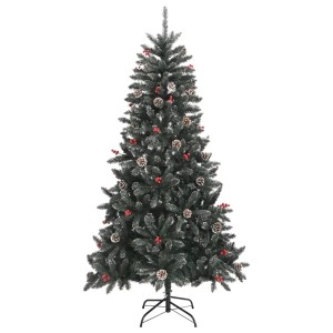 Künstlicher, grüner Weihnachtsbaum (180 cm) mit Schnee, Zapfen und Beeren auf Metallständer.