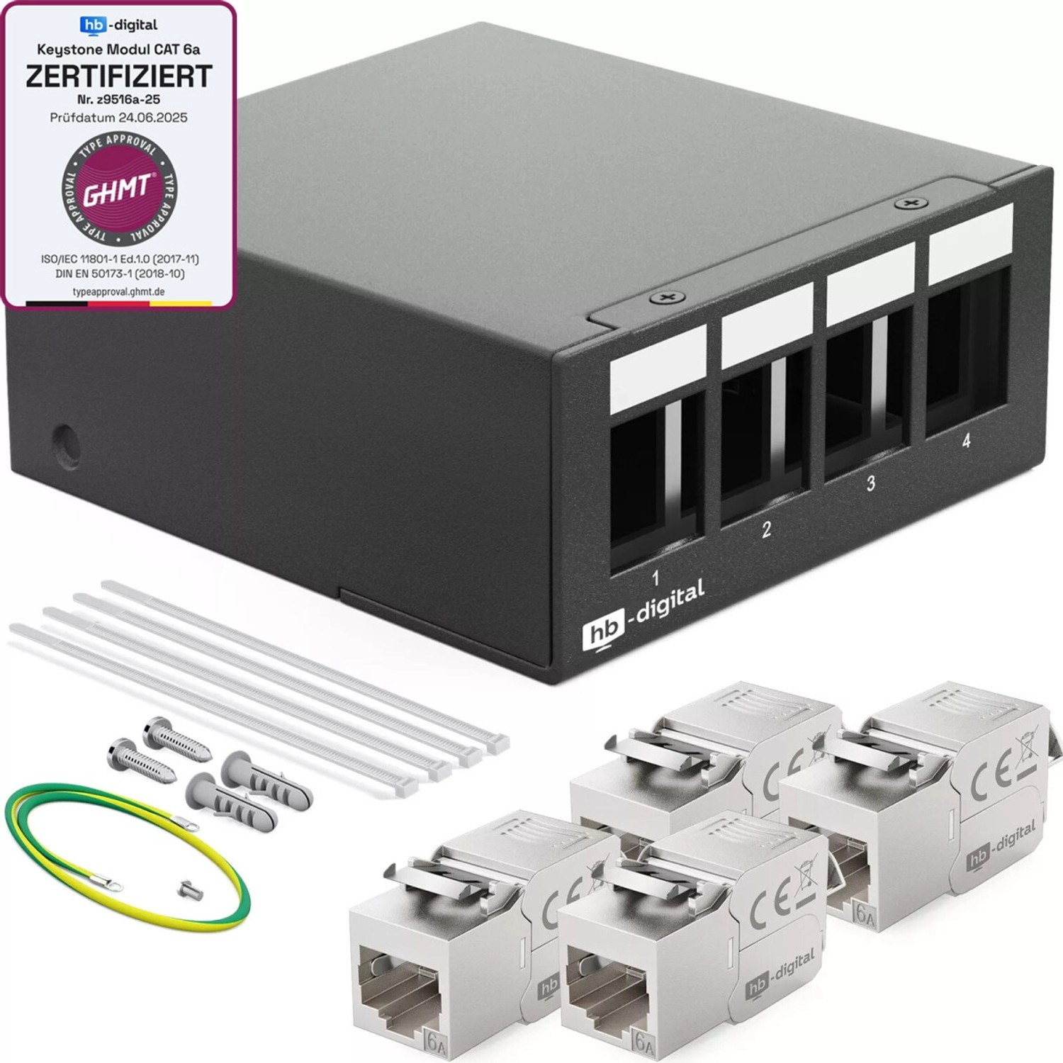 hb-digital Patchpanel 4 Port mit 4x Keystone Module Cat 6a Schwarz