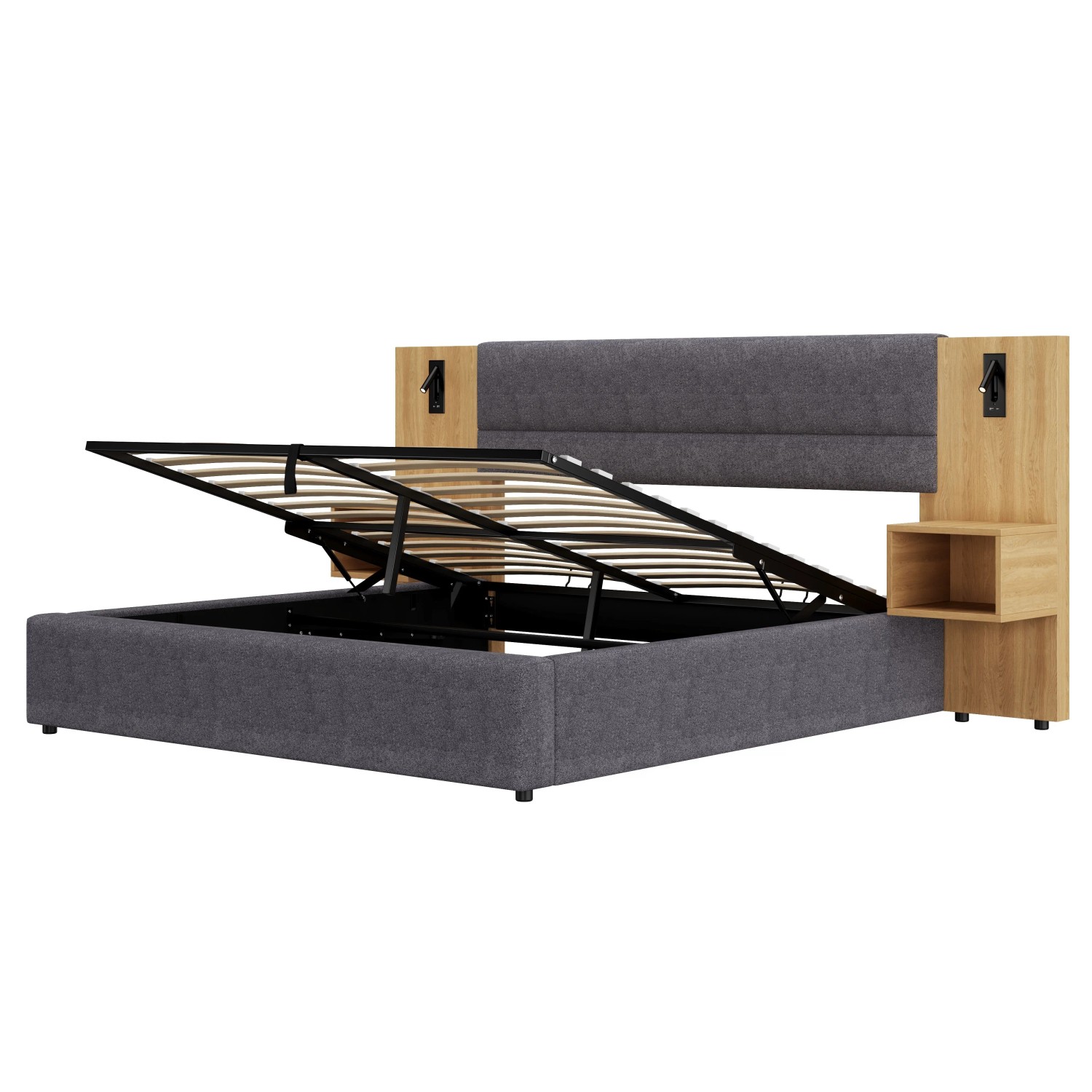 okwish Polsterbett 160x200cm mit Hydraulik USB Nachttischen Schlafzimmer Grau ohne Matratze