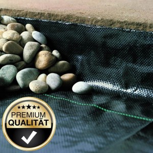 Unkrautblocker Premium, 0,9x10m, aus Polypropylen, mit Steinen auf Gartenweg. Unkrautschutz für Beete und Terrasse.