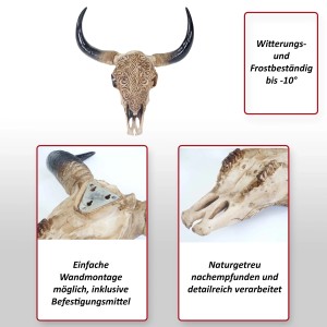 Deko Schädel Longhorn mit Tribal Muster, detailreich und witterungsbeständig.