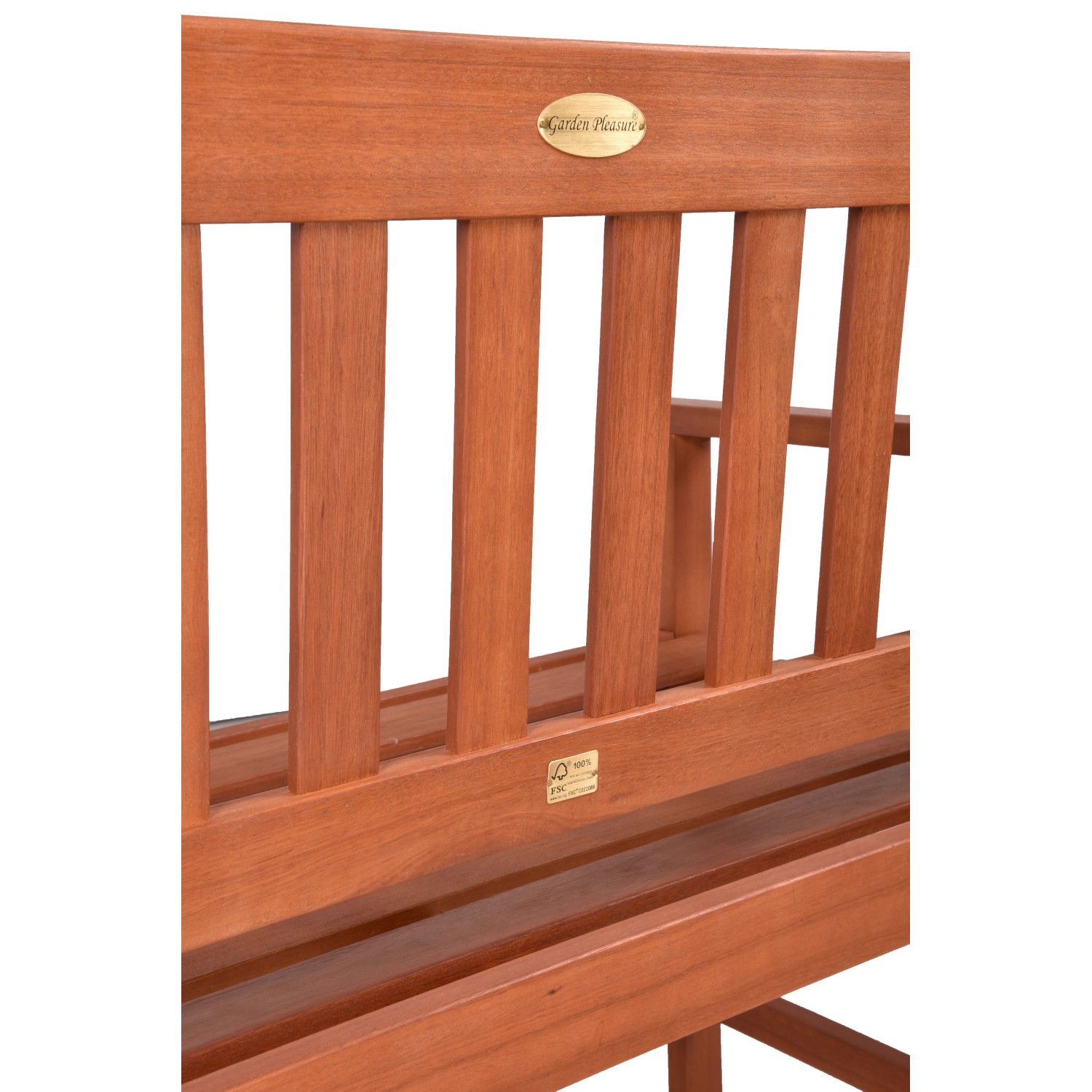 Detailansicht der braunen Garden Pleasure 2-Sitzer Gartenbank aus FSC®-Holz.