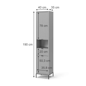 Grauer Vicco Badschrank Eliza, 40x190 cm, mit Tür, Schublade und schwarzen Füßen. Badregal für mehr Stauraum.