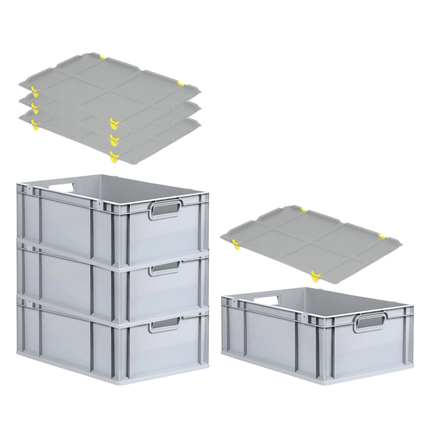PROREGAL SuperSparSet 4x Eurobox NextGen Grip mit Auflagedeckel mit 4 Gelben Schiebeschnappverschlüssen HxBxT 22 x 40 x ...