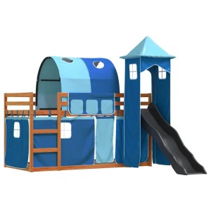 vidaXL Etagenbett mit Rutsche und Gardinen Blau 90x200 cm 3284168
