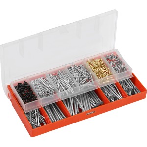 Nagelsortiment (680g) in orangefarbener Sortimentsbox mit transparentem Deckel. Verschiedene Nagelarten und -größen.