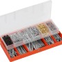 Nagelsortiment (680g) in orangefarbener Sortimentsbox mit transparentem Deckel. Verschiedene Nagelarten und -größen.