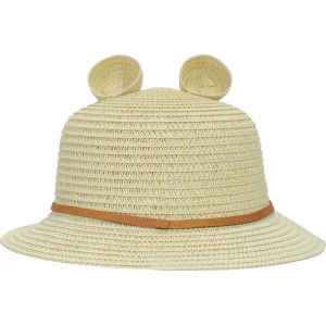 Beiger Mädchen Strohhut mit Bärenohren und braunem Band. Sonnenhut für Gartenbekleidung.