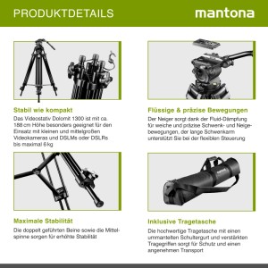 Mantona Videostativ Dolomit 1300 188Cm Videostativ Kamerastativ Tripod Fluidkopf