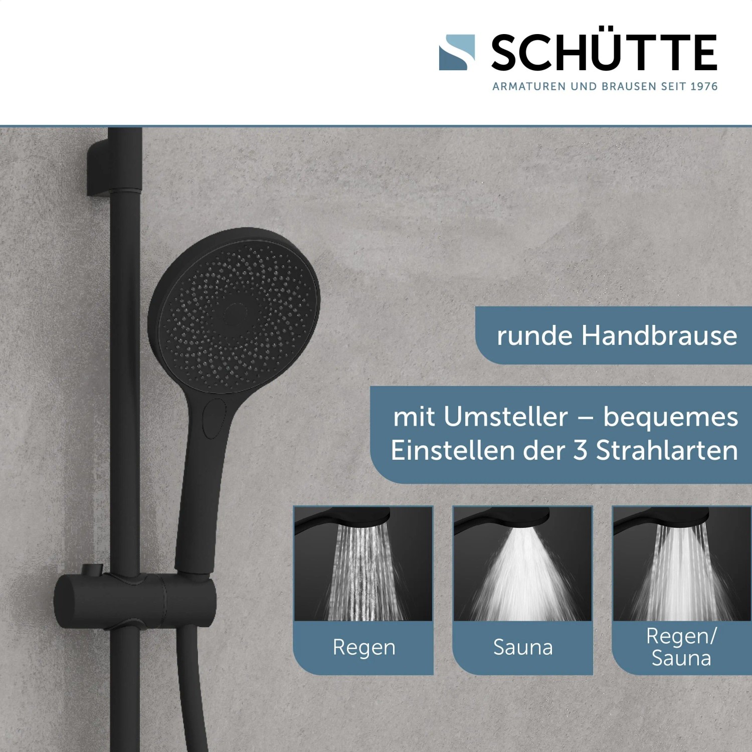 Schütte Stangenbrause-Set Capri, schwarz matt, mit drei Strahlarten für Wellness.