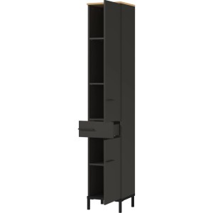Graphitfarbener Bad-Hochschrank Germania mit Eiche-Oberplatte, offener Tür, Schublade und schwarzen Metallfüßen.
