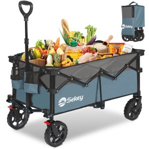 Sekey Bollerwagen, faltbar, blau, mit Lebensmitteln gefüllt. Ideal für Camping und Einkäufe.