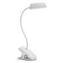 Weiße Philips LED-Tischleuchte Donutclip mit Akku und Klemmfuß.